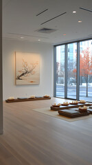 Modern Zen Meditation Room, City View, Calm Interior, Tranquility, Wellness Space.