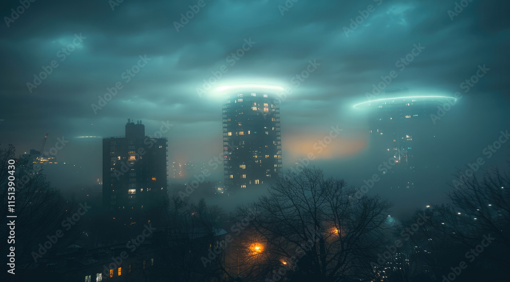 Poster strange luminous objects appear in the sky at night in the city.