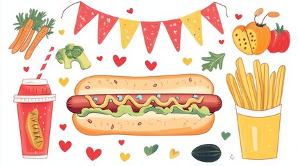 cute food illustration set, decorated hot dog with toppings, colorful party bunting flags, condiment bottles, french fries cup, fresh vegetables, drink cup with straw, hand drawn style, festive