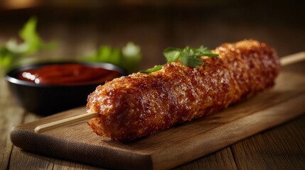 detailed food photography, deep-fried cornmeal exterior, perfectly cooked sausage interior, golden-brown crust, wooden stick handles, clean composition, rustic wooden backdrop, sauce accompaniments,