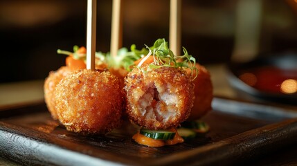 detailed food photography, deep-fried cornmeal exterior, perfectly cooked sausage interior, golden-brown crust, wooden stick handles, clean composition, rustic wooden backdrop, sauce accompaniments,