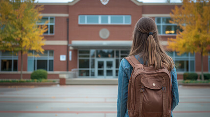 student with backpack stands in front of school building, surrounded by autumn trees. scene captures moment of reflection and anticipation