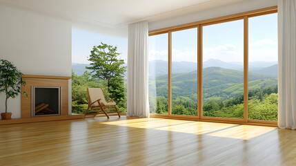 Fototapeta premium Mountain view living room relaxation; wooden floor, fireplace, chair, sunny day; real estate, home design.