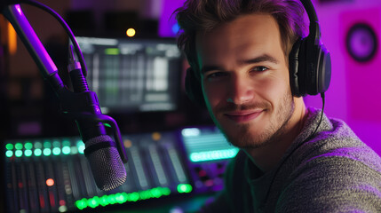 Radio DJ in studio with green and purple LED lights, smiling confidently while working at mixing console, creating energetic atmosphere for listeners