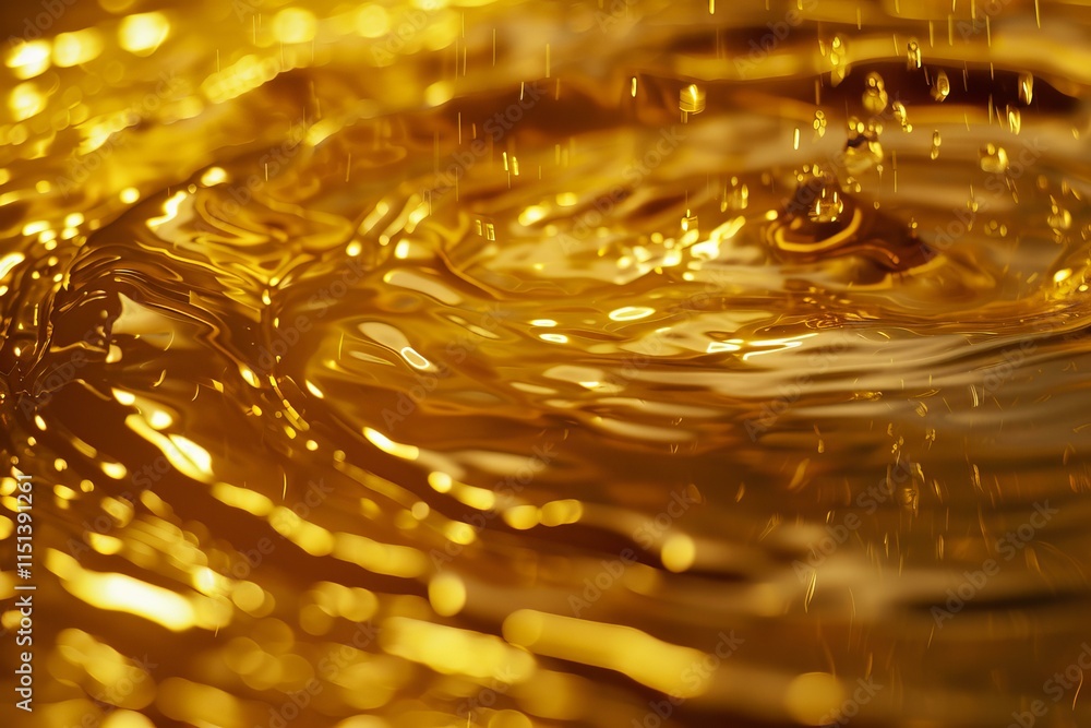 Poster golden liquid splashing and creating concentric ripples with drops and waves