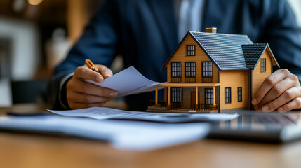 real estate agent reviewing documents with model house on table, showcasing professionalism and attention to detail in property transactions