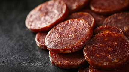Obraz premium detailed macro photography of processed meat circles, cross-section cuts, glossy surface texture, clean arrangement, professional food styling, studio photography, soft shadows, high resolution