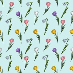 Colorful Crocuses with Snowdrops Seamless Pattern Small Design on Blue Background for Wrapping Paper and Packaging