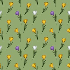 Yellow, White, and Purple Crocuses Seamless Pattern Small Design on Green Background for Prints and Wrapping Paper