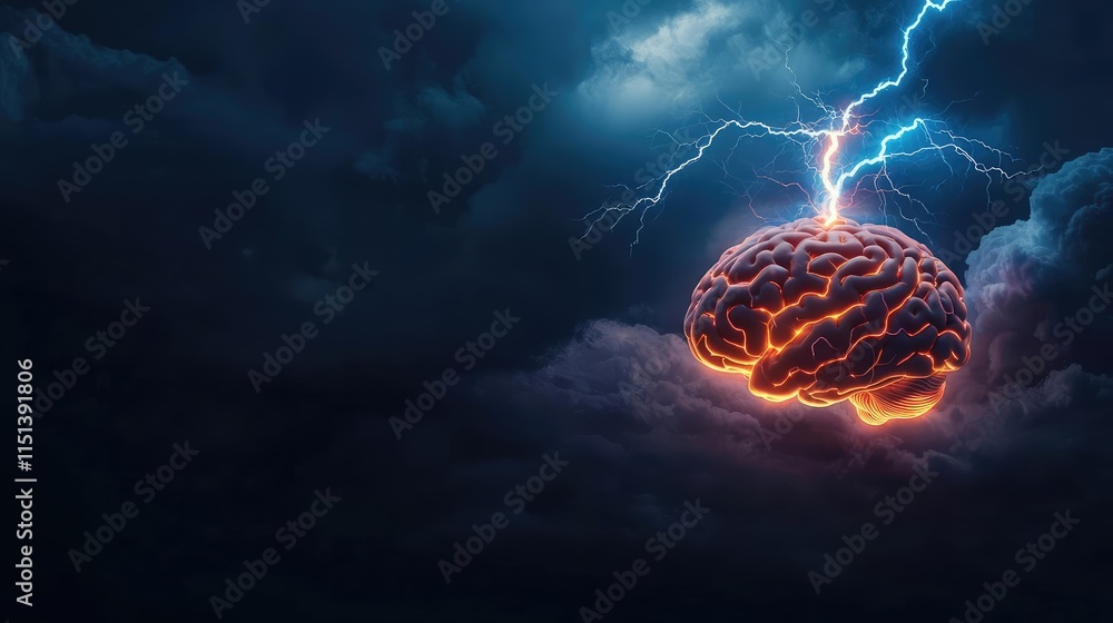 Poster epilepsy disease concept. a vivid depiction of a brain surrounded by dark clouds and lightning, symb