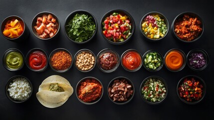 elevated hot dog presentation, carefully arranged border pattern, vibrant condiments and toppings, textured dark background, metal serving bowls, culinary arts photography, overhead perspective,