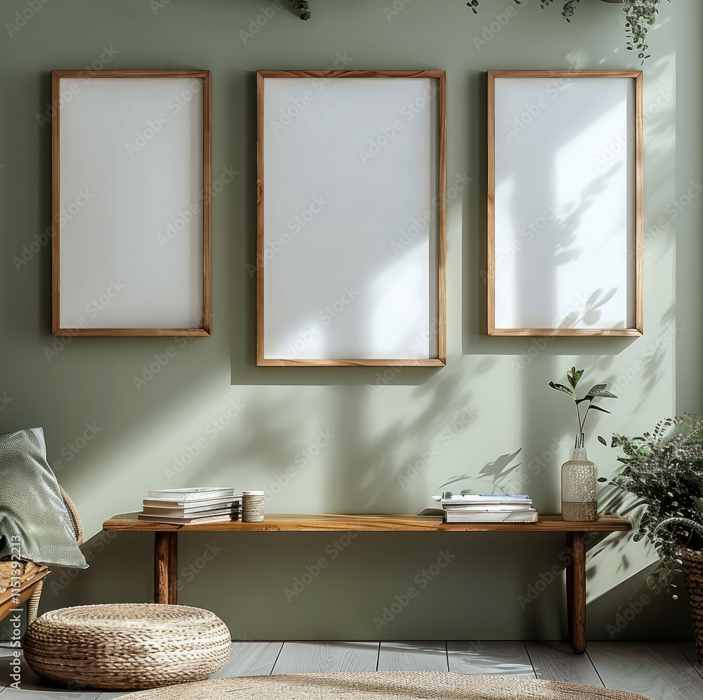 Aufkleber three vertical wooden picture frames hang on a light olive green wall with a blank interior. positio