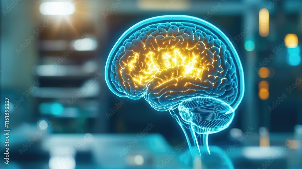 Poster Epilepsy disease concept. Illustration of a glowing brain symbolizing neural activity and cognitive function.