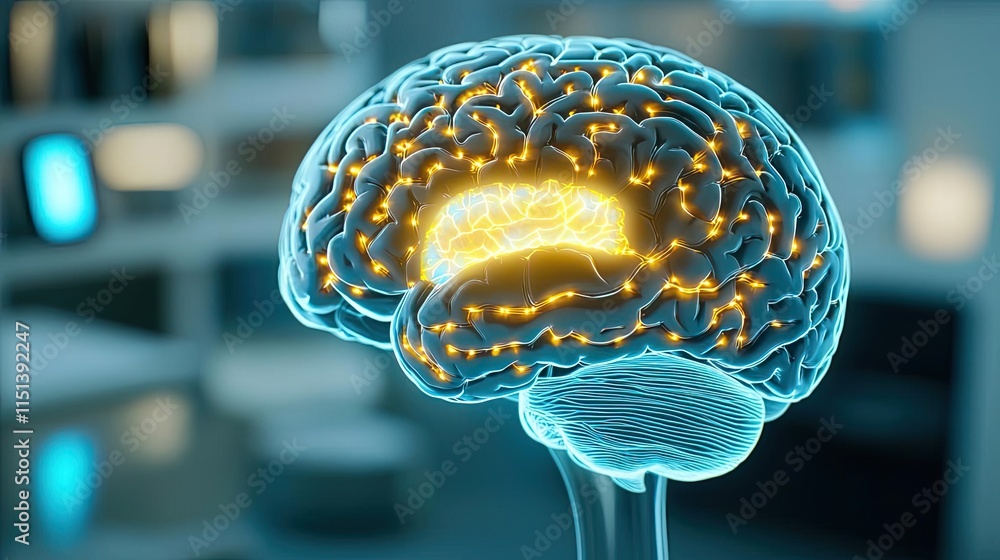 Poster epilepsy disease concept. 3d rendering of a human brain highlighting neural connections and activity