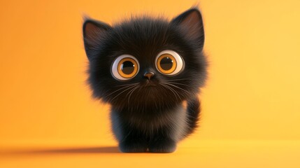 Adorable Black Kitten Posing Against a Vibrant Orange Background..