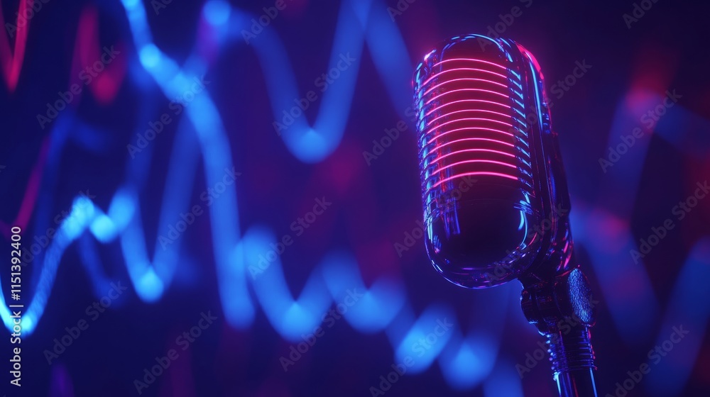 Poster futuristic design: microphone with sound waveforms resembling neon light on a dark blue background