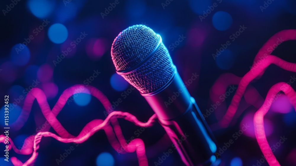 Poster futuristic design: microphone with sound waveforms resembling neon light on a dark blue background