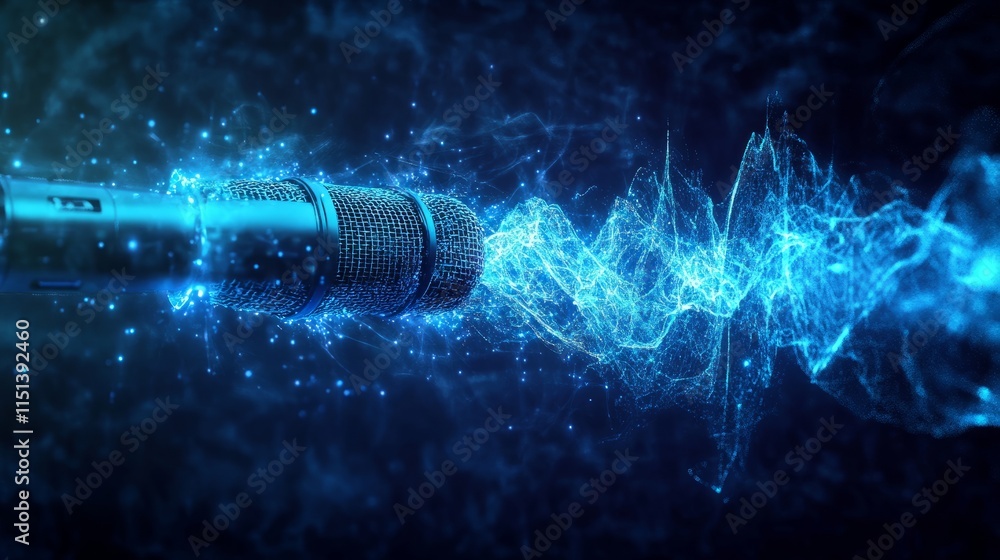 Poster futuristic design: microphone with sound waveforms resembling neon light on a dark blue background