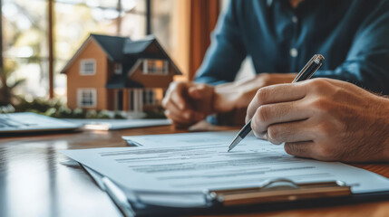 Real estate agent reviewing documents with clients, discussing property details and agreements. model house is present, creating professional atmosphere