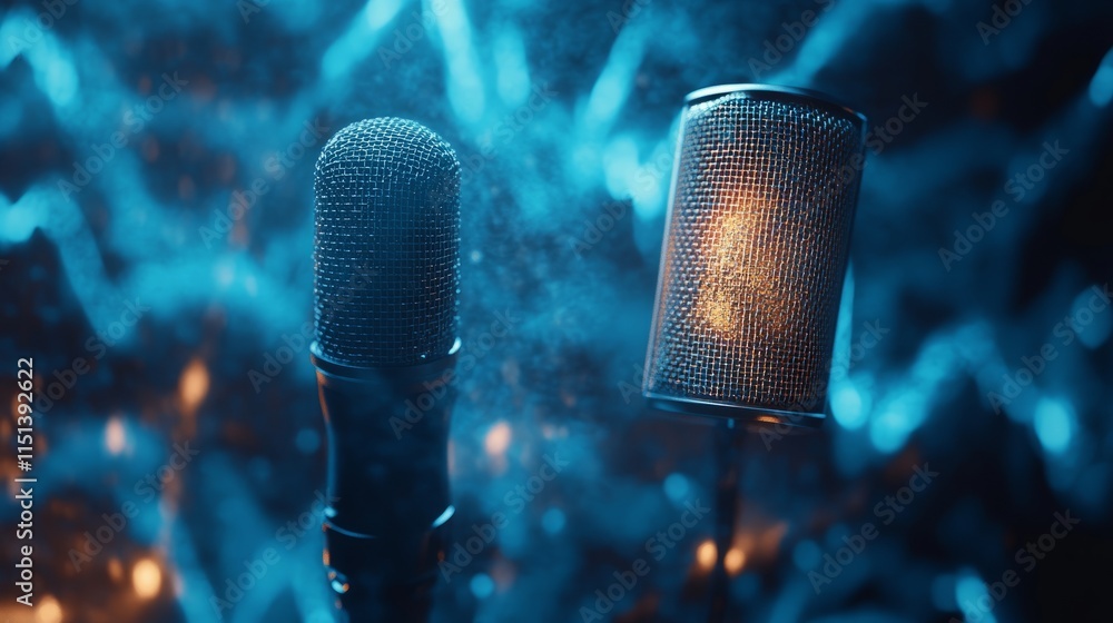 Poster high-tech look: microphone with pulsating sound waves and light flares on a futuristic blue backdrop