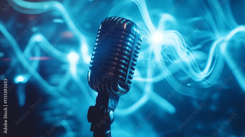 Poster high-tech look: microphone with pulsating sound waves and light flares on a futuristic blue backdrop