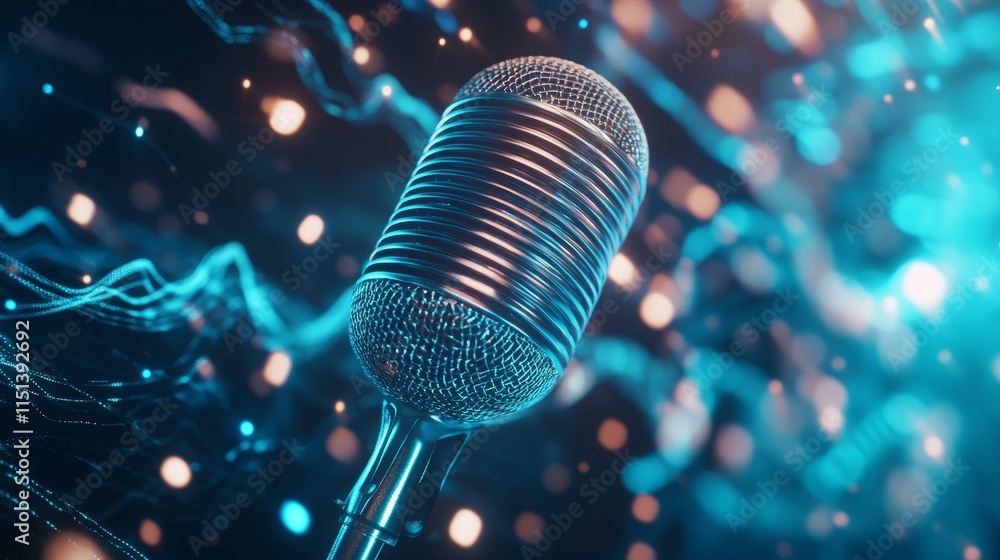 Poster high-tech look: microphone with pulsating sound waves and light flares on a futuristic blue backdrop