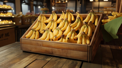 Fresh bananas displayed in wooden crate at grocery store, showcasing their vibrant yellow color and natural texture, inviting customers to enjoy this healthy fruit