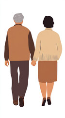 Holding hands, elderly couple walks together, showcasing love and companionship. Their warm attire reflects cozy, intimate moment shared between them on plain white background 