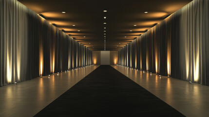 formal event space featuring elegant lighting and draped curtains, creating sophisticated atmosphere for gatherings. long corridor leads to central area, enhancing ambiance