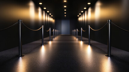 sleek, modern corridor with soft lighting and velvet ropes creates elegant atmosphere, perfect for formal event or exhibition