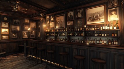 Fototapeta premium A vintage-style bar showcasing a gallery wall of old sepia photographs, warm glowing sconces, dark wood furniture, antique bottles lined up on shelves, and a cozy, nostalgic ambiance, hd quality,