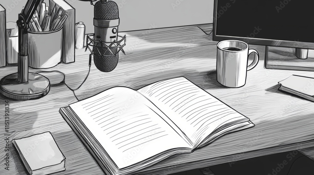 Poster modern home podcast setup with a microphone, coffee mug, and open notebook on a neatly arranged desk