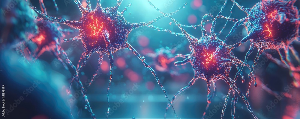 Poster Epilepsy disease concept. Close-up of neurons displaying vibrant colors and intricate structures in a dynamic setting.