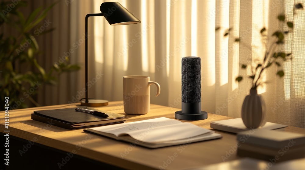 Poster modern home podcast setup with a microphone, coffee mug, and open notebook on a neatly arranged desk