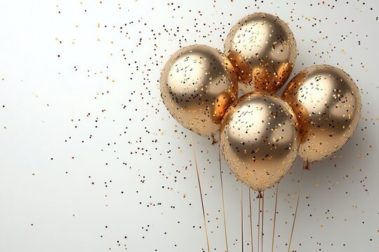 festive scene of shiny gold confetti and elegant balloons scattered across a clean white background, leaving ample space in the center for personalized messages, celebrating joy and togetherness