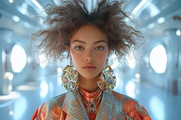 Futuristic fashion portrait of a model with bold earrings in sci-fi setting