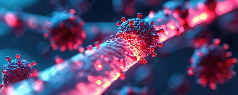 Poster gastroesophageal reflux disease concept. colorful microscopic view of virus particles on a cellular 