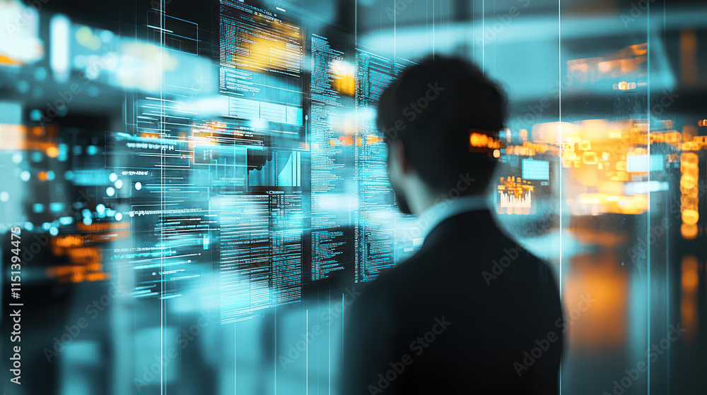 Poster professional man analyzes data on futuristic digital interface, surrounded by glowing screens and co