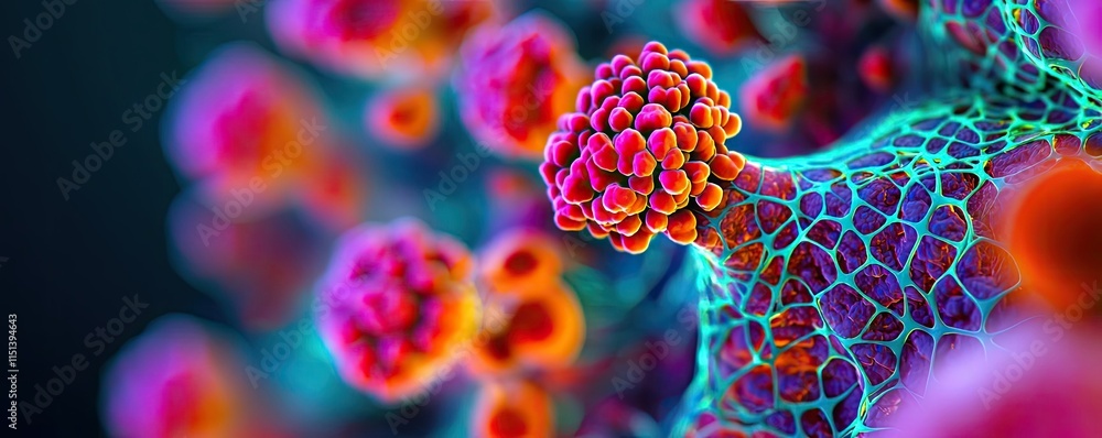 Poster gastroesophageal reflux disease concept. vibrant microscopic view of cells showcasing intricate patt