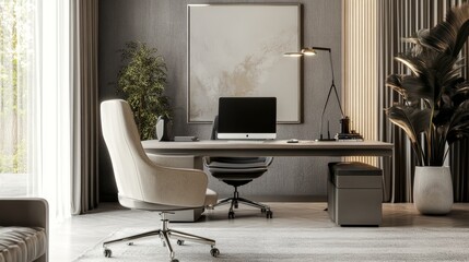 Professional podcasting microphone on a sleek desk, surrounded by muted tones and elegant decor in a home studio