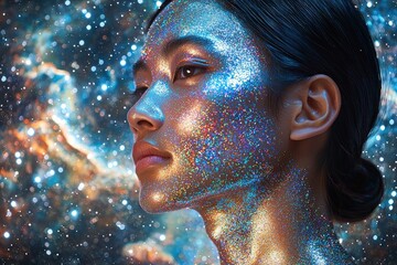 Galactic beauty: woman with glittering makeup amidst cosmic background