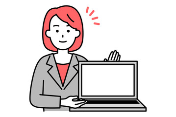 ノートパソコンの画面を見せて説明するスーツの女性