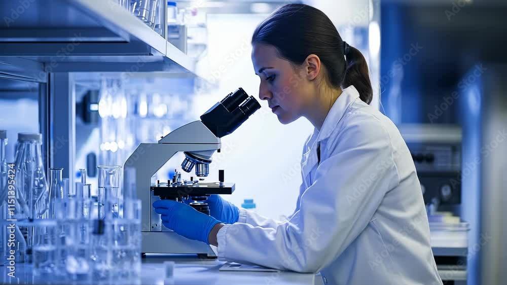 Aufkleber scientist examining samples under a microscope in a modern laboratory setting during daylight hours