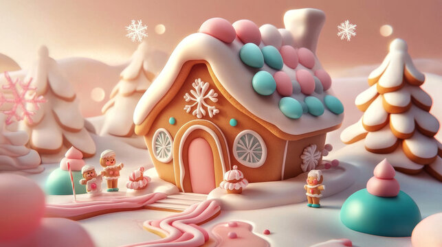Gingerbread Dreams: A whimsical gingerbread house stands nestled amidst a sugary winter wonderland, inviting viewers into a world of festive sweetness.  