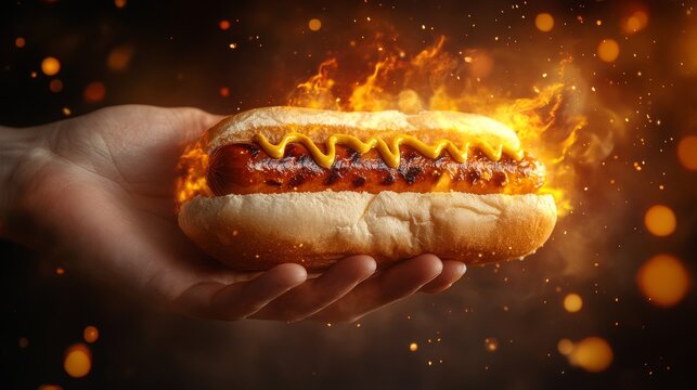 macro food photography, grilled hot dog, soft white bun, zigzag yellow mustard, charred sausage edges, hands holding presentation, warm bokeh background, dramatic side lighting, commercial food - Powered by Adobe