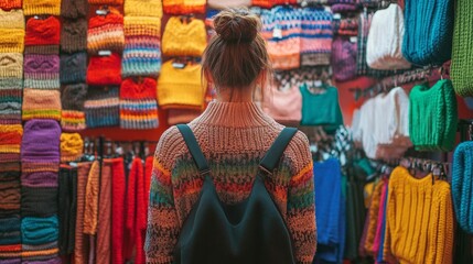 Obraz premium A woman is looking at a rack of colorful hats