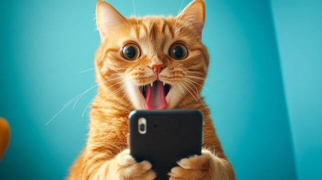 Excited ginger cat holding mobile phone with surprised expression