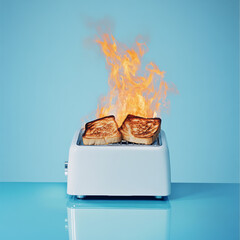 White toaster with charred bread and flames, showcasing retro design. vibrant blue background enhances dramatic effect of burning toast, creating striking visual