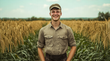 Caucasian young male farmer smiling in wheat field on a day with clear skies