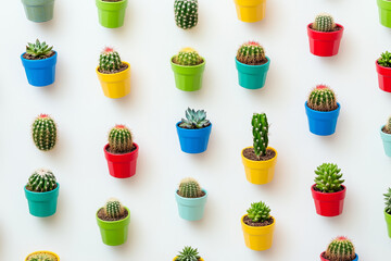 Colorful potted cactus plants displayed on a white background